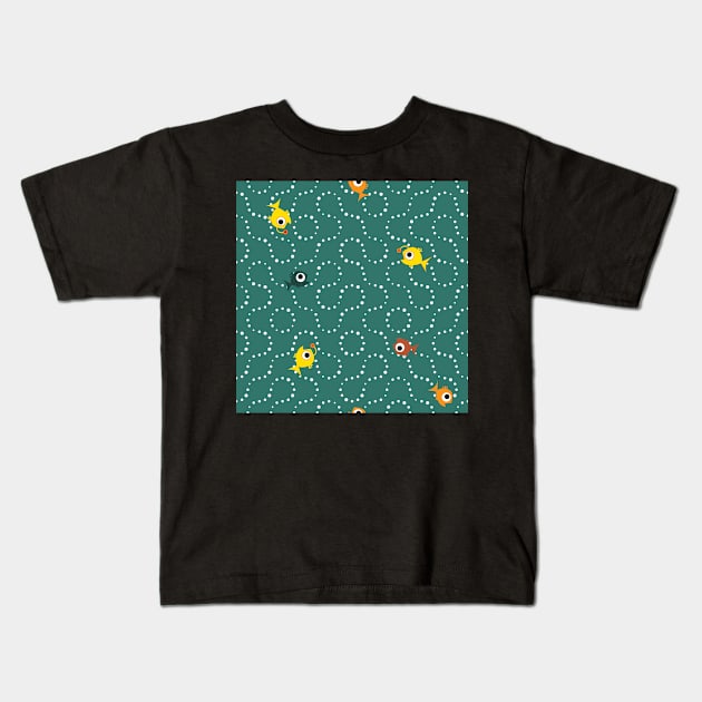 Truchet - curves and fish on sea green Kids T-Shirt by kobyakov